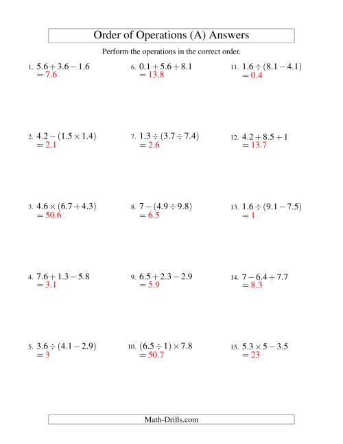 The Decimals Order of Operations -- Two Steps (Old) Math Worksheet Page 2
