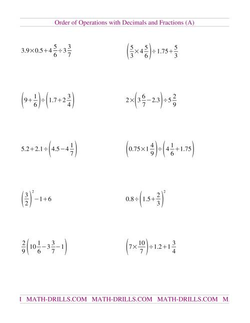The Decimals and Fractions Mixed (A) Math Worksheet