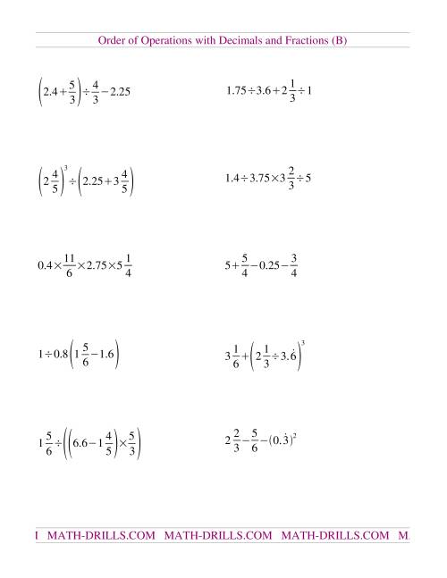 The Decimals and Fractions Mixed (B) Math Worksheet