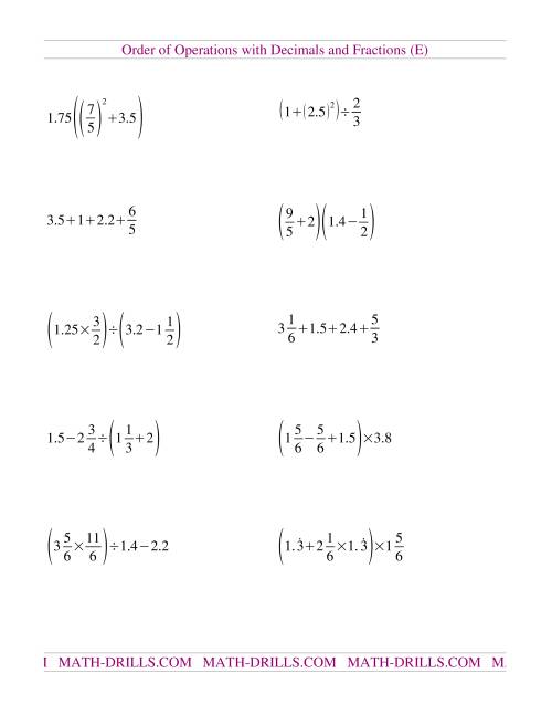 The Decimals and Fractions Mixed (E) Math Worksheet