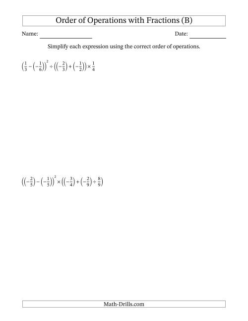 The Order of Operations with Negative and Positive Fractions (Five Steps) (B) Math Worksheet