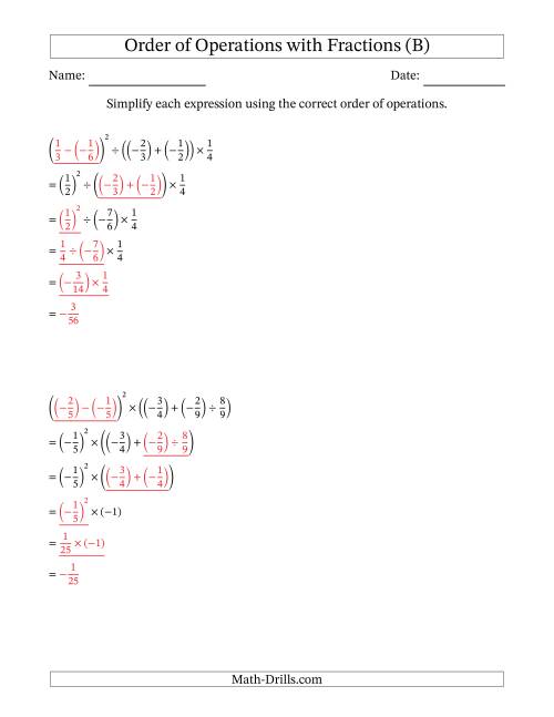 The Order of Operations with Negative and Positive Fractions (Five Steps) (B) Math Worksheet Page 2