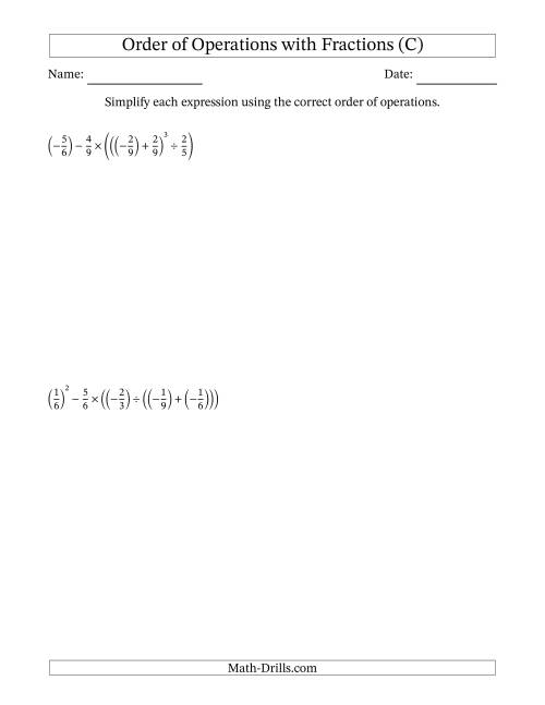 The Order of Operations with Negative and Positive Fractions (Five Steps) (C) Math Worksheet