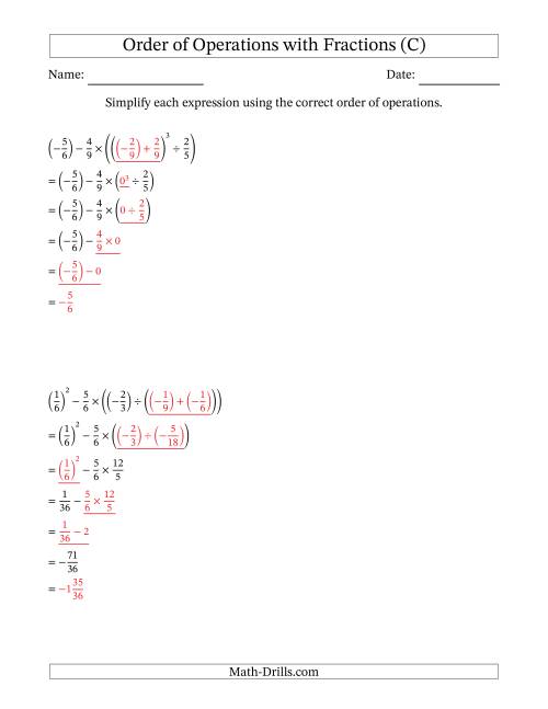 The Order of Operations with Negative and Positive Fractions (Five Steps) (C) Math Worksheet Page 2