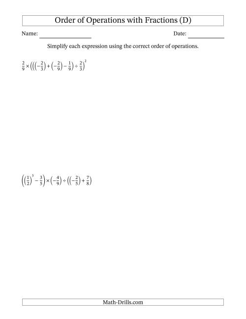 The Order of Operations with Negative and Positive Fractions (Five Steps) (D) Math Worksheet
