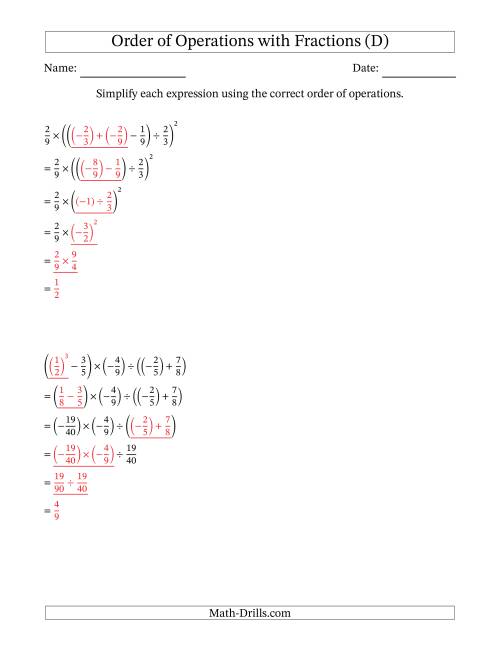 The Order of Operations with Negative and Positive Fractions (Five Steps) (D) Math Worksheet Page 2