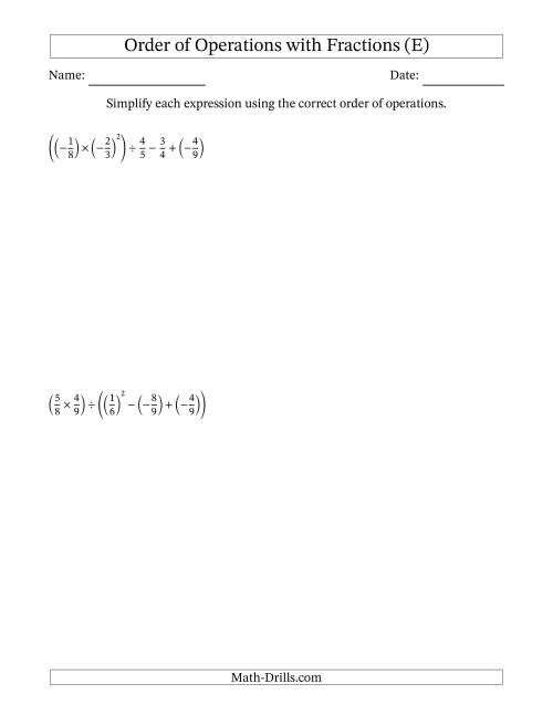 The Order of Operations with Negative and Positive Fractions (Five Steps) (E) Math Worksheet