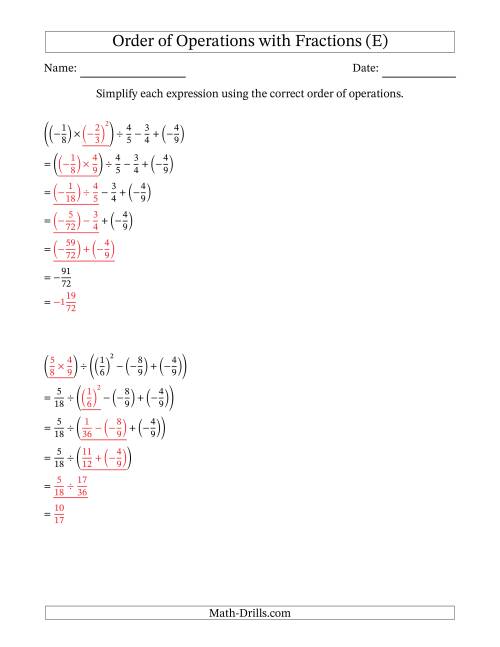 The Order of Operations with Negative and Positive Fractions (Five Steps) (E) Math Worksheet Page 2