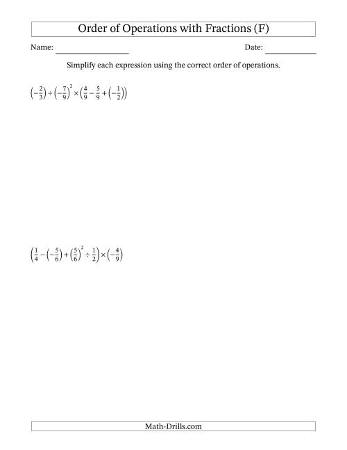 The Order of Operations with Negative and Positive Fractions (Five Steps) (F) Math Worksheet