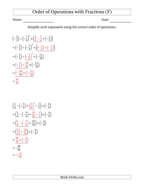 The Order of Operations with Negative and Positive Fractions (Five Steps) (F) Math Worksheet Page 2