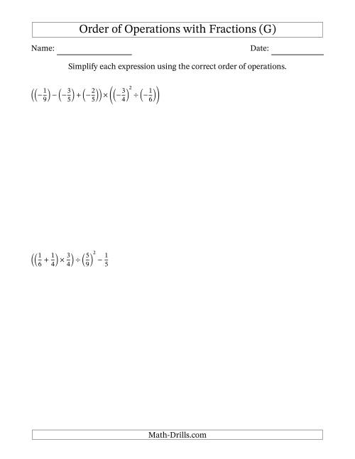 The Order of Operations with Negative and Positive Fractions (Five Steps) (G) Math Worksheet