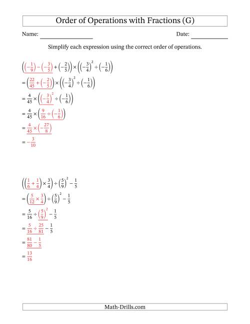The Order of Operations with Negative and Positive Fractions (Five Steps) (G) Math Worksheet Page 2