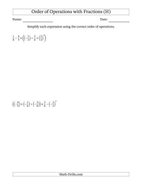 The Order of Operations with Negative and Positive Fractions (Five Steps) (H) Math Worksheet