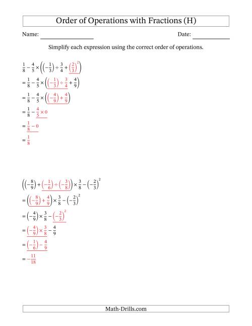 The Order of Operations with Negative and Positive Fractions (Five Steps) (H) Math Worksheet Page 2