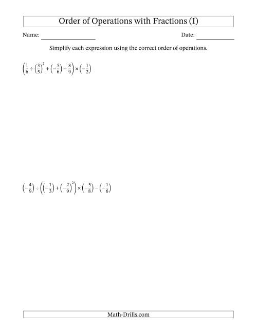 The Order of Operations with Negative and Positive Fractions (Five Steps) (I) Math Worksheet