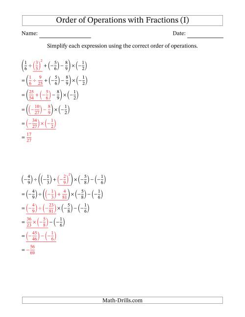 The Order of Operations with Negative and Positive Fractions (Five Steps) (I) Math Worksheet Page 2