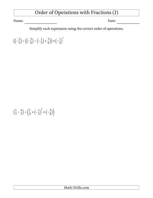 The Order of Operations with Negative and Positive Fractions (Five Steps) (J) Math Worksheet
