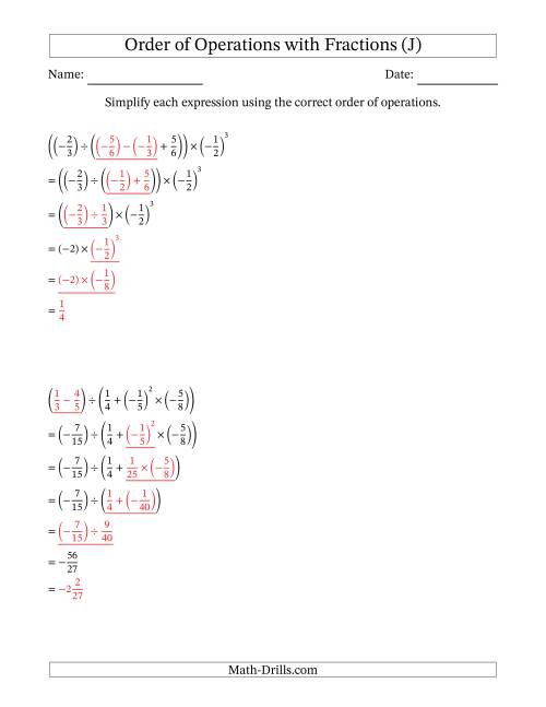 The Order of Operations with Negative and Positive Fractions (Five Steps) (J) Math Worksheet Page 2