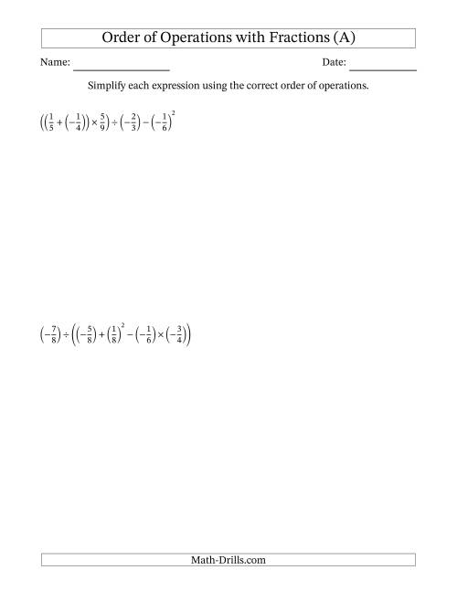 The Order of Operations with Negative and Positive Fractions (Five Steps) (All) Math Worksheet