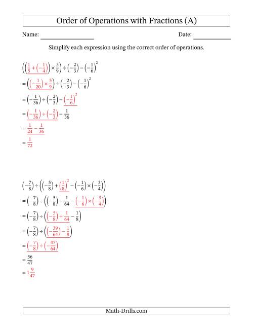 The Order of Operations with Negative and Positive Fractions (Five Steps) (All) Math Worksheet Page 2