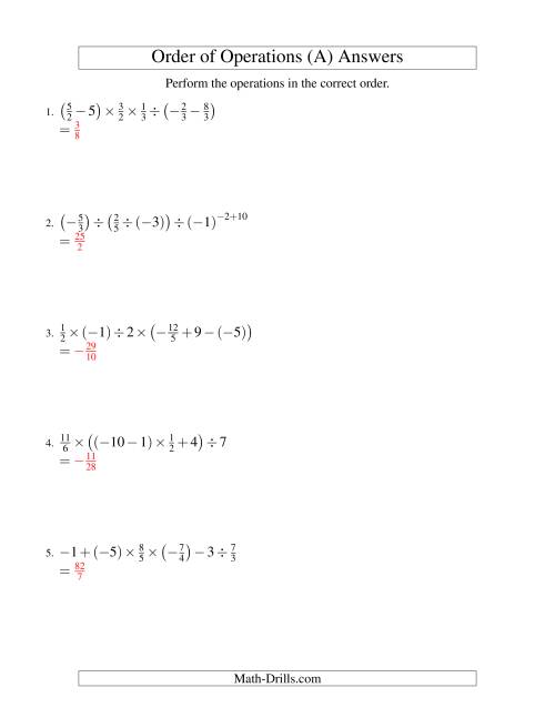 The Fractions Order of Operations -- Five Steps Including Negative Fractions (Old) Math Worksheet Page 2