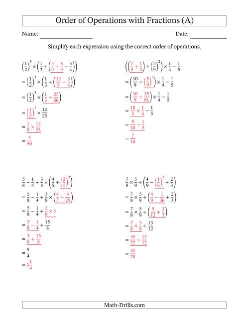 The Order of Operations with Positive Fractions (Five Steps) (A) Math Worksheet Page 2