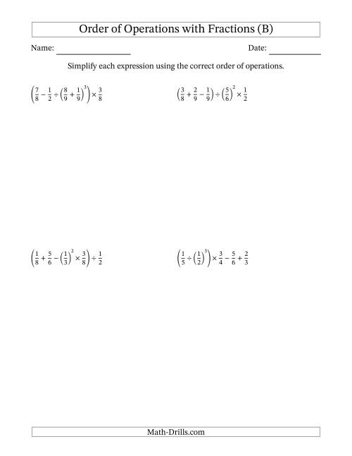 The Order of Operations with Positive Fractions (Five Steps) (B) Math Worksheet