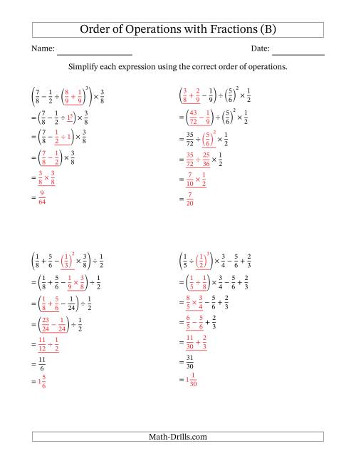 The Order of Operations with Positive Fractions (Five Steps) (B) Math Worksheet Page 2