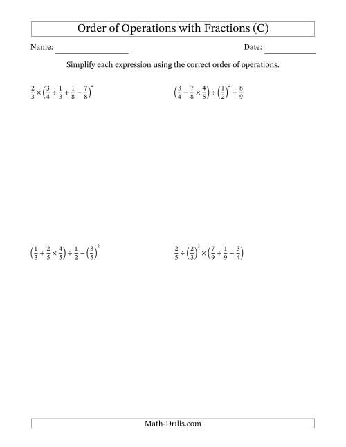 The Order of Operations with Positive Fractions (Five Steps) (C) Math Worksheet
