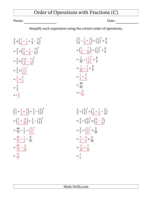 The Order of Operations with Positive Fractions (Five Steps) (C) Math Worksheet Page 2