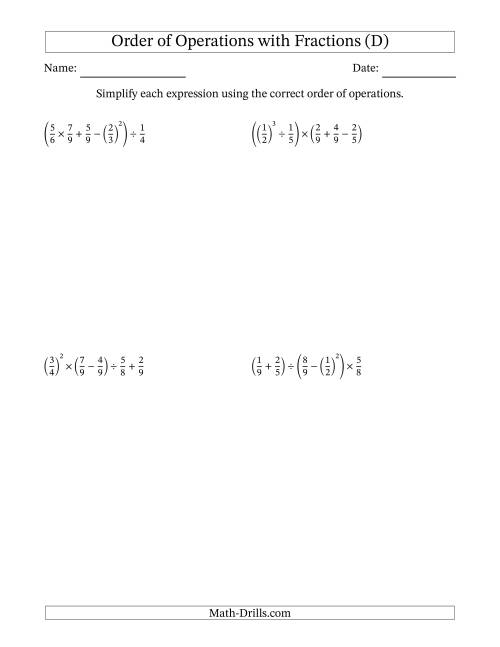 The Order of Operations with Positive Fractions (Five Steps) (D) Math Worksheet