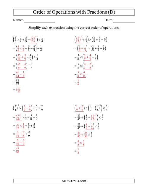 The Order of Operations with Positive Fractions (Five Steps) (D) Math Worksheet Page 2