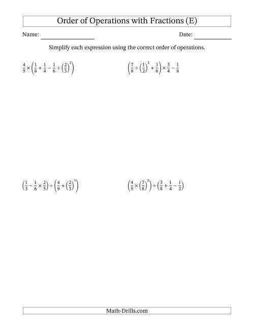 The Order of Operations with Positive Fractions (Five Steps) (E) Math Worksheet