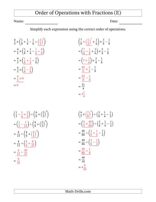 The Order of Operations with Positive Fractions (Five Steps) (E) Math Worksheet Page 2
