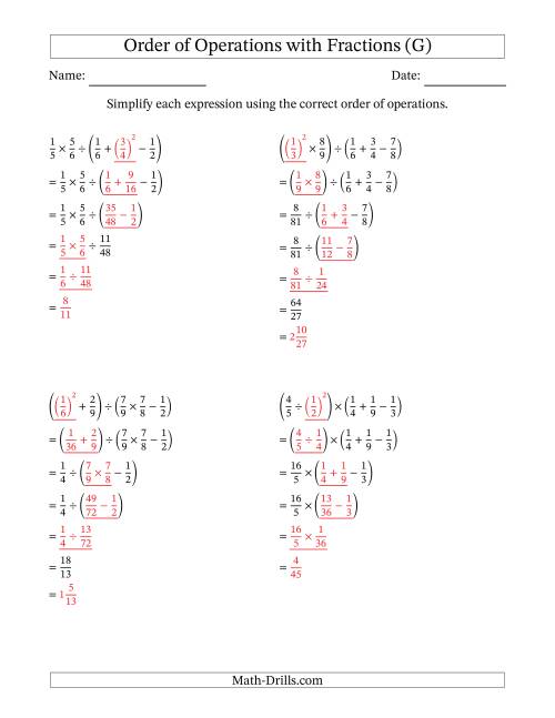 The Order of Operations with Positive Fractions (Five Steps) (G) Math Worksheet Page 2
