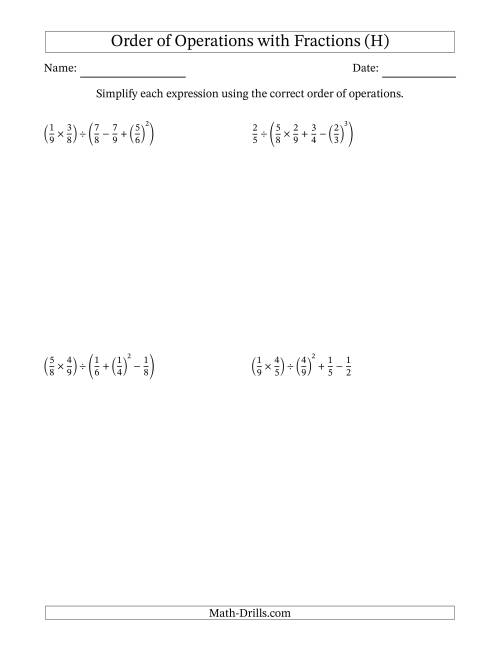 The Order of Operations with Positive Fractions (Five Steps) (H) Math Worksheet