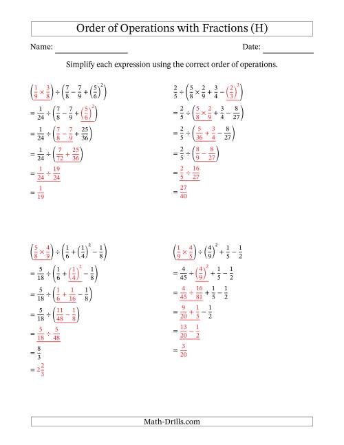 The Order of Operations with Positive Fractions (Five Steps) (H) Math Worksheet Page 2