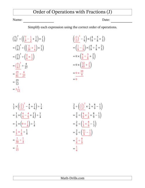 The Order of Operations with Positive Fractions (Five Steps) (J) Math Worksheet Page 2