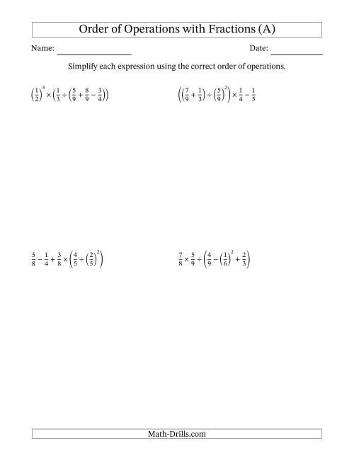 The Order of Operations with Positive Fractions (Five Steps) (All) Math Worksheet