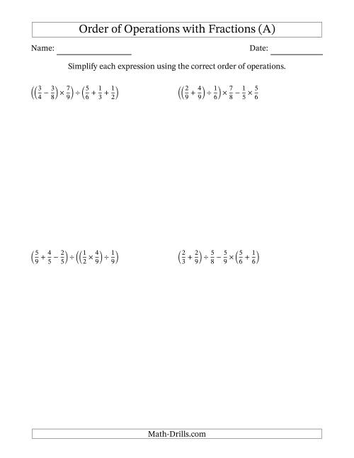 The Order of Operations with Positive Fractions and No Exponents (Five Steps) (A) Math Worksheet