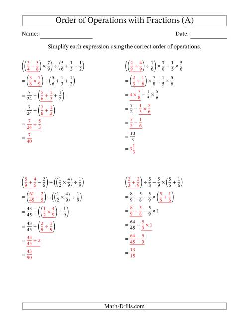 The Order of Operations with Positive Fractions and No Exponents (Five Steps) (A) Math Worksheet Page 2