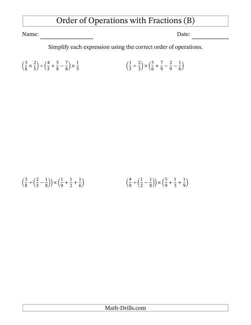 The Order of Operations with Positive Fractions and No Exponents (Five Steps) (B) Math Worksheet