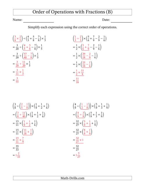 The Order of Operations with Positive Fractions and No Exponents (Five Steps) (B) Math Worksheet Page 2
