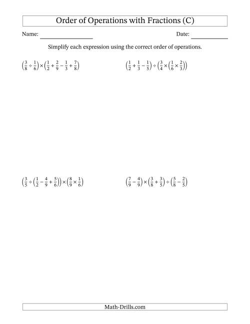 The Order of Operations with Positive Fractions and No Exponents (Five Steps) (C) Math Worksheet