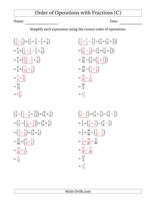 The Order of Operations with Positive Fractions and No Exponents (Five Steps) (C) Math Worksheet Page 2