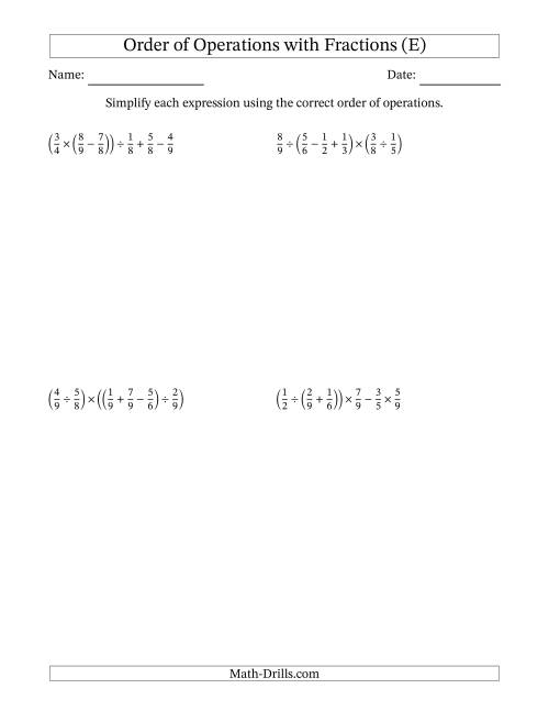 The Order of Operations with Positive Fractions and No Exponents (Five Steps) (E) Math Worksheet