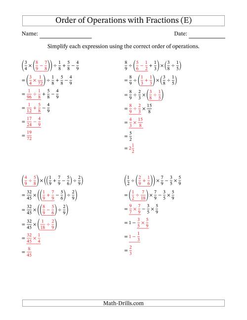 The Order of Operations with Positive Fractions and No Exponents (Five Steps) (E) Math Worksheet Page 2