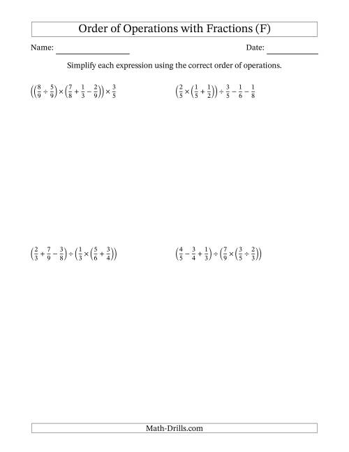 The Order of Operations with Positive Fractions and No Exponents (Five Steps) (F) Math Worksheet
