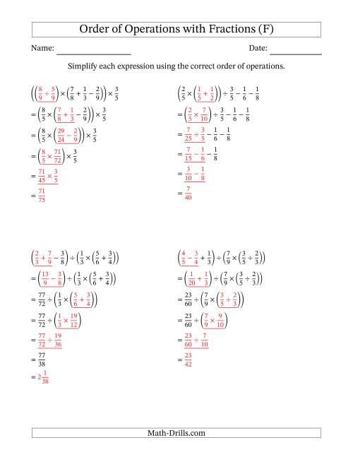 The Order of Operations with Positive Fractions and No Exponents (Five Steps) (F) Math Worksheet Page 2