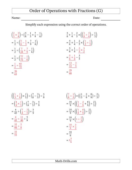 The Order of Operations with Positive Fractions and No Exponents (Five Steps) (G) Math Worksheet Page 2